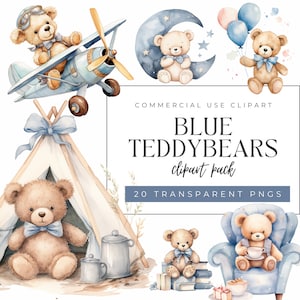 Blaue Teddybären, Clipart-Pack, Aquarell, Junk Journal Art, Einladungen, transparenter Hintergrund, PNG