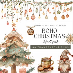 Paquete de imágenes prediseñadas de Navidad Boho, acuarela, arte de diario basura, invitaciones, fondo transparente, PNG
