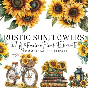 Paquete de imágenes prediseñadas de girasoles rústicos, acuarela, flores de boda, invitaciones, fondo transparente, PNG