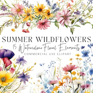 Pacote de clipart de flores silvestres em aquarela - arquivos PNG de 300 DPI para papelaria, convites e impressão sob demanda