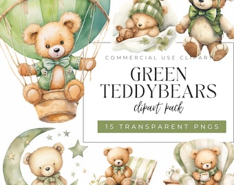 Green Teddy Bears Clipart Pack, Watercolour, Junk Journal Art, Invitations, Transparent Background, PNG