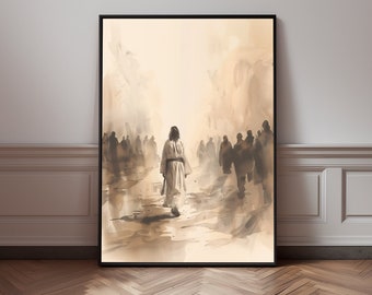 Jesus Passing Through Crowd | Luke 4:30 | Poster Painting | Gift Trendy | Living Room Home Decor | Framed Canvas | Christian Print