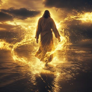 Puede incluir: Una figura con una túnica blanca fluida camina sobre el agua, rodeada de luz dorada y destellos. El cielo es una puesta de sol dramática con nubes oscuras.