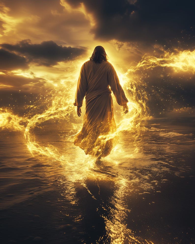 May include: A person in a long, flowing robe walks on water. The water is illuminated with a golden glow, and the sky above is filled with clouds and a bright, golden light.