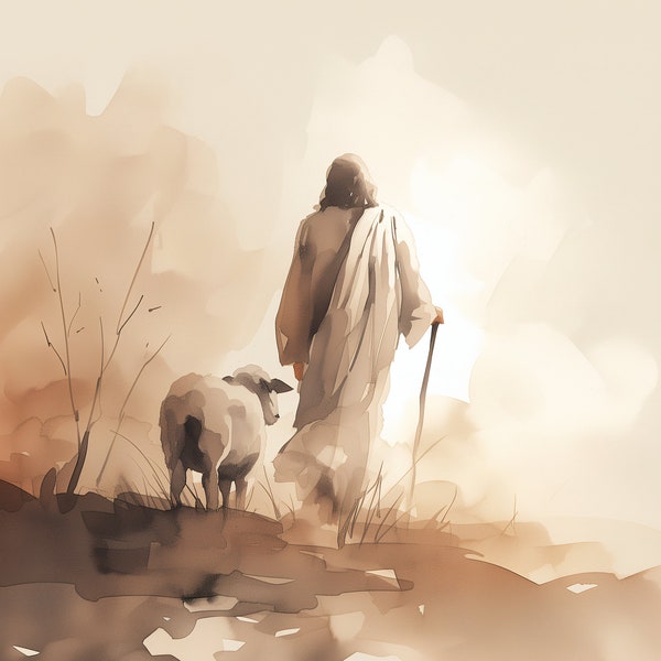 Parable of the lost sheep | Digital Painting of Christ With Lost Sheep | Bible Verse Wall Art | Living Room Home Decor | Christian Print