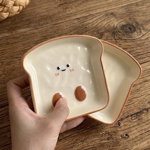 Handmade Ceramic Toast Plate, Smiley Face Bread Dish, Kawaii Snack Tray, Whimsical Kitchen Decor