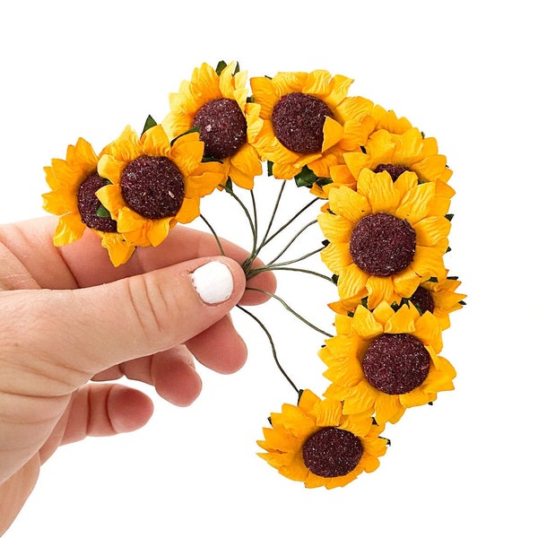 20 Small Paper Sunflowers on Wire Stems - SOLD as IS - Artificial Flowers, Sunflowers, Small Sunflowers - ITEM 01556