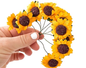 20 Small Paper Sunflowers on Wire Stems - SOLD as IS - Artificial Flowers, Sunflowers, Small Sunflowers - ITEM 01556