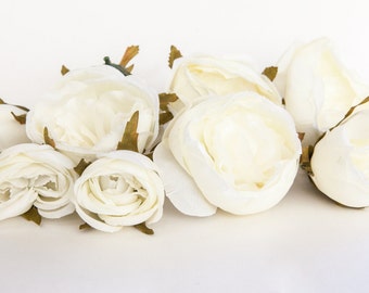 Set of 9 Small to Large Cabbage Roses in Ivory White - Silk Artificial Flowers -read description- ITEM 01004