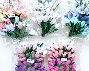 50 Small Tulip Mulberry Paper Flowers WITH Leaves on Wire Stems - CHOOSE COLOR - Paper Flowers - Tiny Paper Tulips