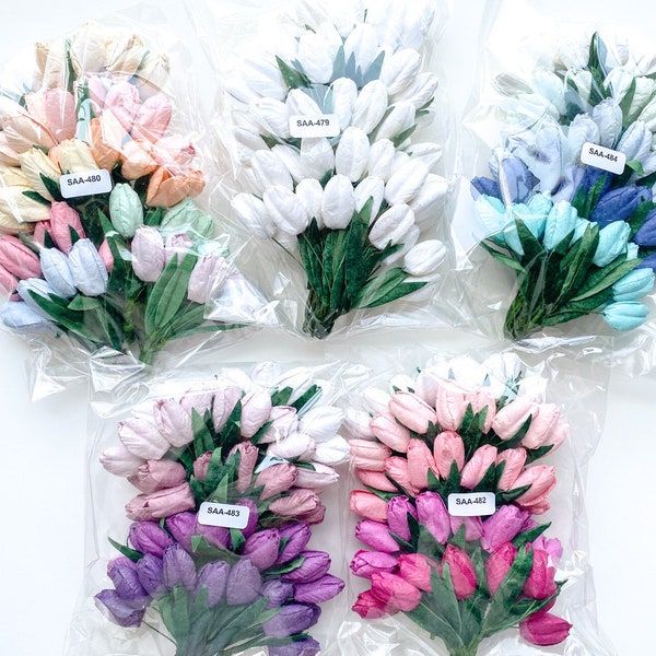 50 Small Tulip Mulberry Paper Flowers WITH Leaves on Wire Stems - CHOOSE COLOR - Paper Flowers - Tiny Paper Tulips