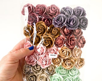 50 Chelsea Roses in Mulberry Paper in Vintage Tones - Artificial Flowers, Paper Flowers, Paper Roses - Pink, Purple,Peach - ITEM 01649