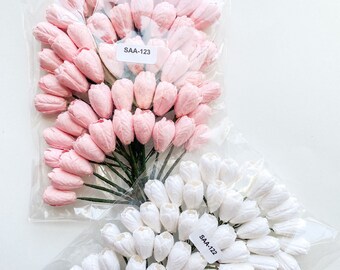 50 Tiny Tulip Mulberry Paper Flowers in Pink or White on Wire Stems - Choose COLOR - Paper Flowers - Tiny Paper Tulips, Pink Tulips, White