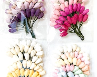 50 Tiny Tulip Mulberry Paper Flowers in Mixed Color Tones on Wire Stems - Choose COLOR MiX - Paper Flowers - Tiny Paper Tulips