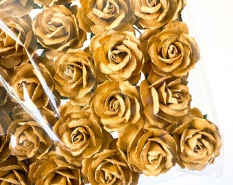 50 Small Wild Roses Mulberry Paper in Old Gold - Vintage Mustard -30mm - Paper Flowers, Paper Roses, Mulberry Roses - Mustard - ITEM 01376