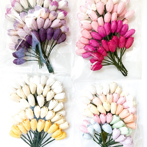 50 Tiny Tulip Mulberry Paper Flowers in Mixed Color Tones on Wire Stems - Choose COLOR MiX - Paper Flowers - Tiny Paper Tulips