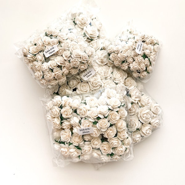 100 Open Rose Mulberry Paper Flowers in Ivory/White - 10-25mm- CHO0SE SIZE - Paper Roses - Ivory Paper Roses,Ivory Roses, Tiny Roses