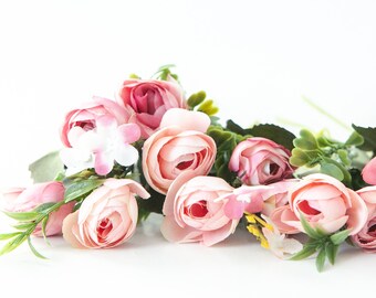 13 Small Mini Vintage Inspired Ranunculus Buds in Pink Tones plus Foliage - silk artificial flower - ITEM 01146