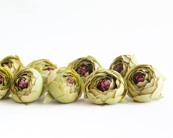 10 Small Ranunculus in Olive Green - silk artificial flower, millinery flower - ITEM 01201