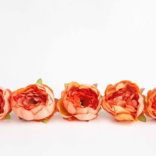 10 Mini Peonies in Coral Orange - Silk Artificial Flowers - ITEM 01218