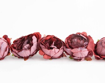 10 Mini Peonies in Mulberry Burgundy - Silk Artificial Flowers - ITEM 01215