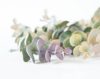 25 Artificial Eucalyptus Sprigs in Gray/Green, Purple and Light Yellow - Artificial Flowers - ITEM 01167