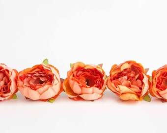 10 Mini Peonies in Coral Orange - Silk Artificial Flowers - ITEM 01218