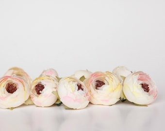 10 Small Ranunculus in Ivory and Pink - silk artificial flower - ITEM 01182