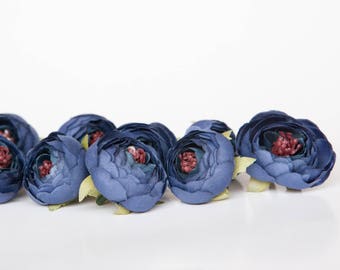 10 Small Ranunculus in Dark Blue - silk artificial flower - ITEM 01178