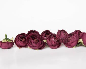 10 Small Ranunculus in Burgundy Wine - silk artificial flower - ITEM 01180