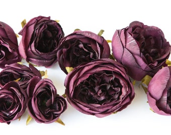 Set of 9 Small to Large Cabbage Roses in Plum, Dark Purple - Silk Artificial Flowers -read description-ITEM 0967