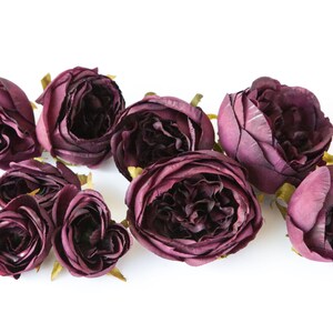 Set of 9 Small to Large Cabbage Roses in Plum, Dark Purple - Silk Artificial Flowers -read description-ITEM 0967