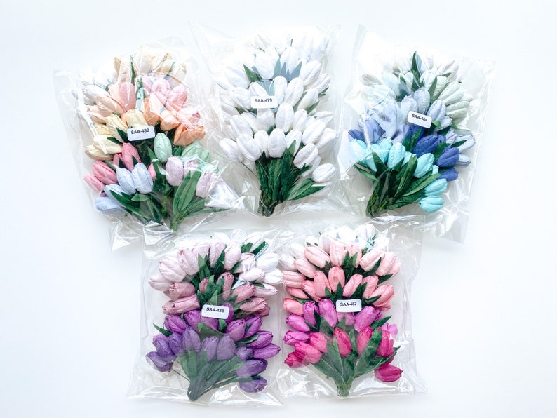 50 Small Tulip Mulberry Paper Flowers WITH Leaves on Wire Stems CHOOSE COLOR Paper Flowers Tiny Paper Tulips image 1