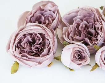 Set of 9 Small to Large Cabbage Roses in Periwinkle Antique Purple - Silk Artificial Flowers -read description- ITEM 0966