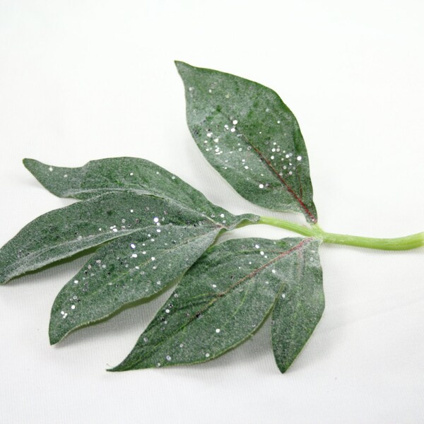 Set of 11 Iced Fuzzy Green Glittered Peony Leaves - artificial leaves, artificial leaf, peony leaf