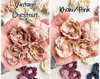 OVERST0CK SALE - 20 Mulberry Paper Magnolias in Vintage Chestnut or Khaki Pink - CHOOSE COLOR - Paper Flowers - Grab Bag #26