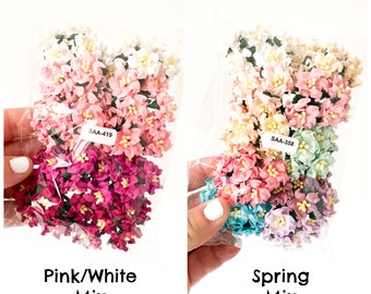 50 Mini Gardenia Mulberry Paper Flowers Mixed Packs -CHO0SE COL0R MIX- mini gardenia flowers, pink, pastel, spring mix