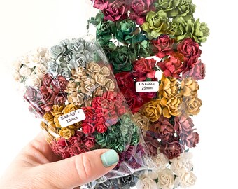 Jewel Tone or Holiday Mulberry Paper Flowers - 10-25 mm- CHO0SE SIZE - Paper Roses - Open Roses, Cottage Roses, Christmas Collection