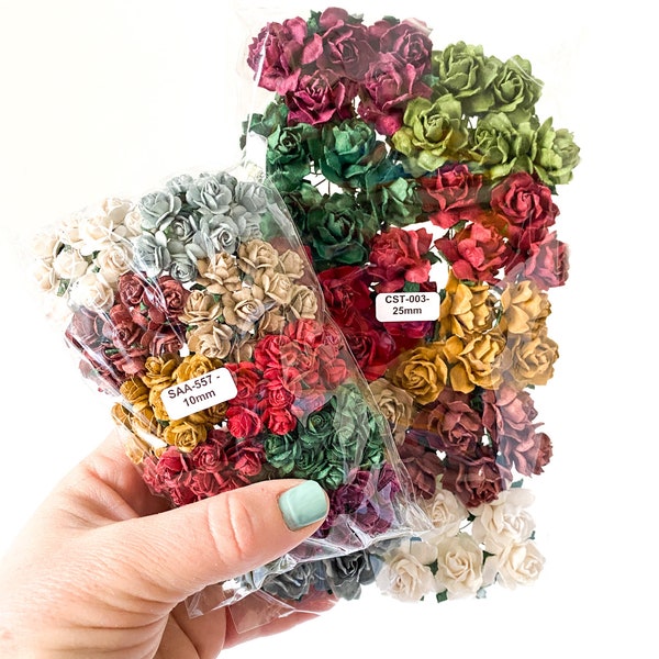 Jewel Tone or Holiday Mulberry Paper Flowers - 10-25 mm- CHO0SE SIZE - Paper Roses - Open Roses, Cottage Roses, Christmas Collection