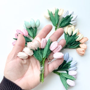 50 Small Tulip Mulberry Paper Flowers WITH Leaves on Wire Stems CHOOSE COLOR Paper Flowers Tiny Paper Tulips image 2