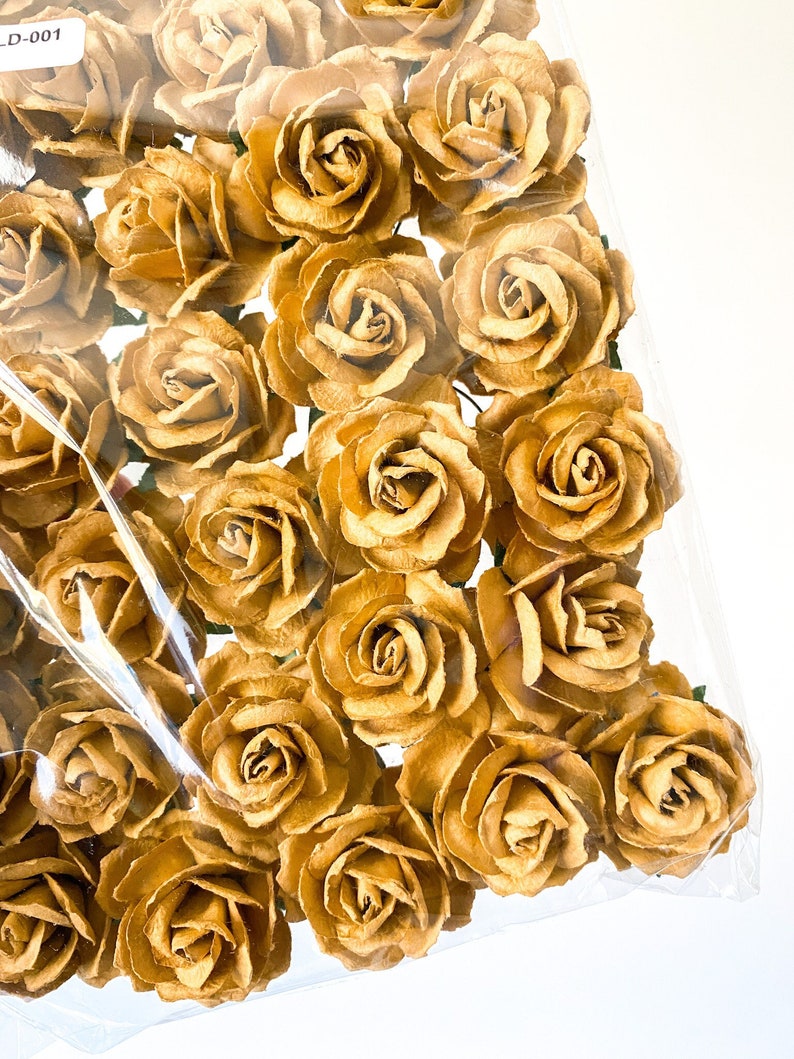 50 Small Wild Roses Mulberry Paper in Old Gold Vintage Mustard 30mm Paper Flowers, Paper Roses, Mulberry Roses Mustard ITEM 01376 image 1