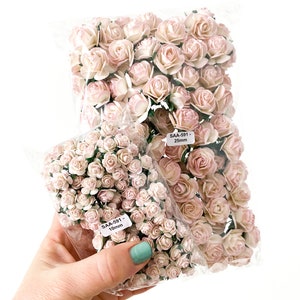 100 Open Rose Mulberry Paper Flowers in Pink and White - 10-25mm- CHOOSE SIZE - Paper Roses - Light Pink Roses, Roses, pink paper flower