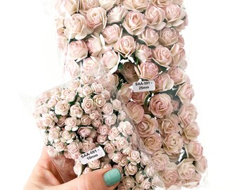 100 Open Rose Mulberry Paper Flowers in Pink and White - 10-25mm- CHOOSE SIZE - Paper Roses - Light Pink Roses, Roses, pink paper flower