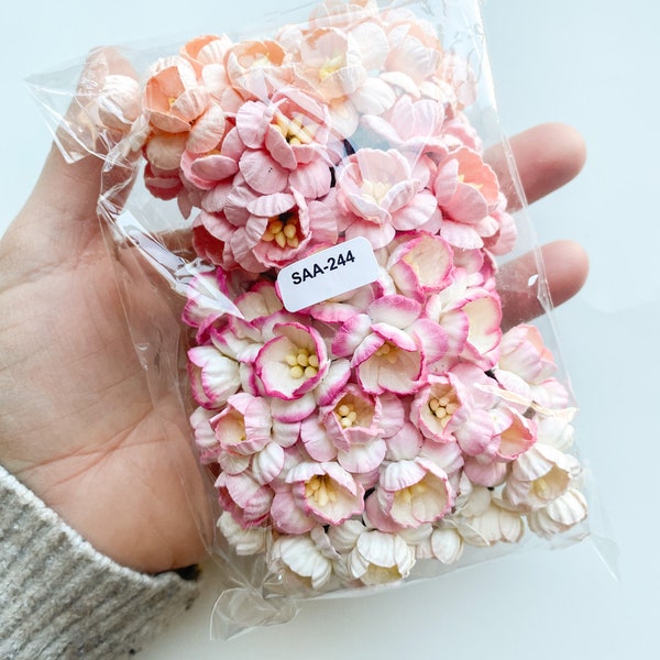 50 Cherry Blossom Mulberry Paper Flowers in Peach and Pink Tones - Paper Cherry Blossoms, Paper Flowers, white, peach - ITEM 0606