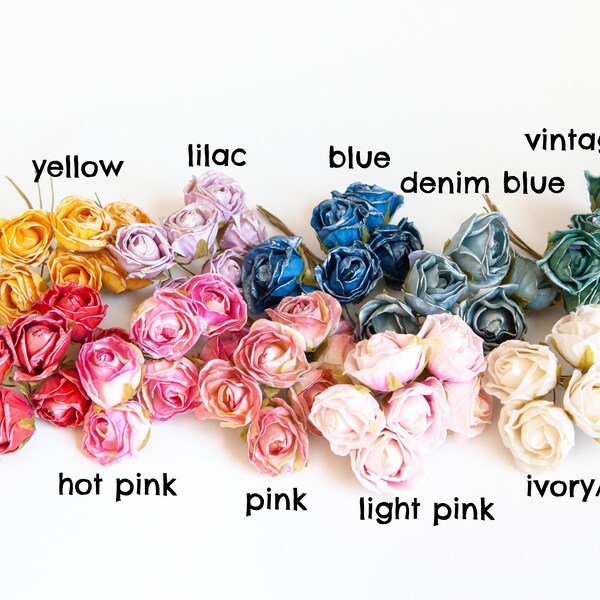 12 petites roses sur tiges métalliques - COULEUR AU CHOIX - Vendu tel quel, fleurs artificielles inspirées d'un aspect sec, roses artificielles, fleurs de corsage