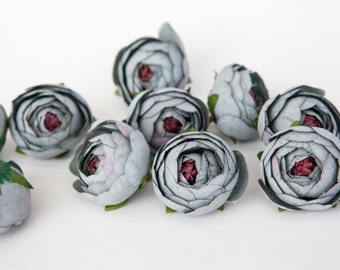 10 Small Vintage Inspired Ranunculus in Blue Stone Gray - Flower Crown Supplies, Silk flowers, Artificial Flowers - ITEM 01422