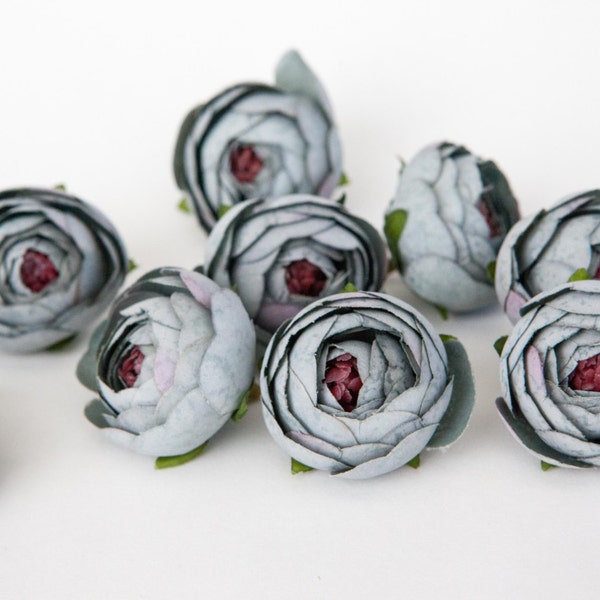 10 Small Vintage Inspired Ranunculus in Blue Stone Gray - Flower Crown Supplies, Silk flowers, Artificial Flowers - ITEM 01422