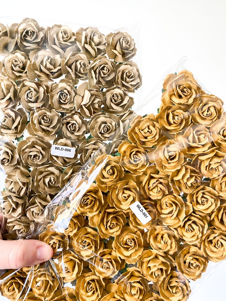 50 Small Wild Roses Mulberry Paper in Old Gold Vintage Mustard 30mm Paper Flowers, Paper Roses, Mulberry Roses Mustard ITEM 01376 image 5