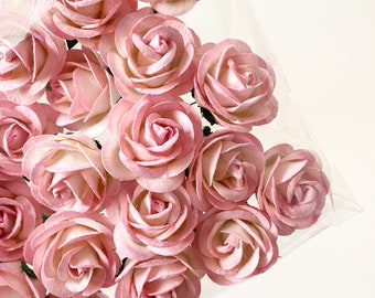 50 Chelsea Roses in Mulberry Paper in PINK and IVORY - Artificial Flowers, Paper Flowers, Paper Roses - Pink, White, Ivory - ITEM 0929
