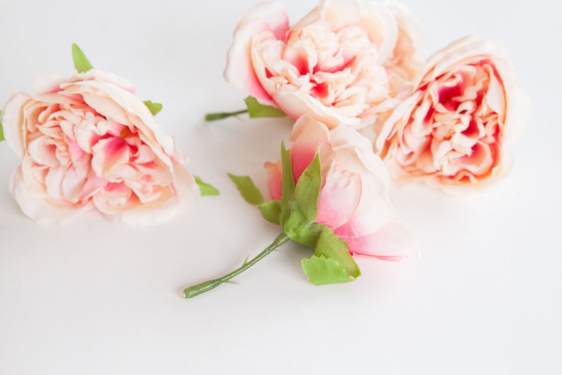 005 silk roses 5 Fully Bloomed Vintage Inspired Shabby Chic Pink and Cream Cabbage Roses ITEM